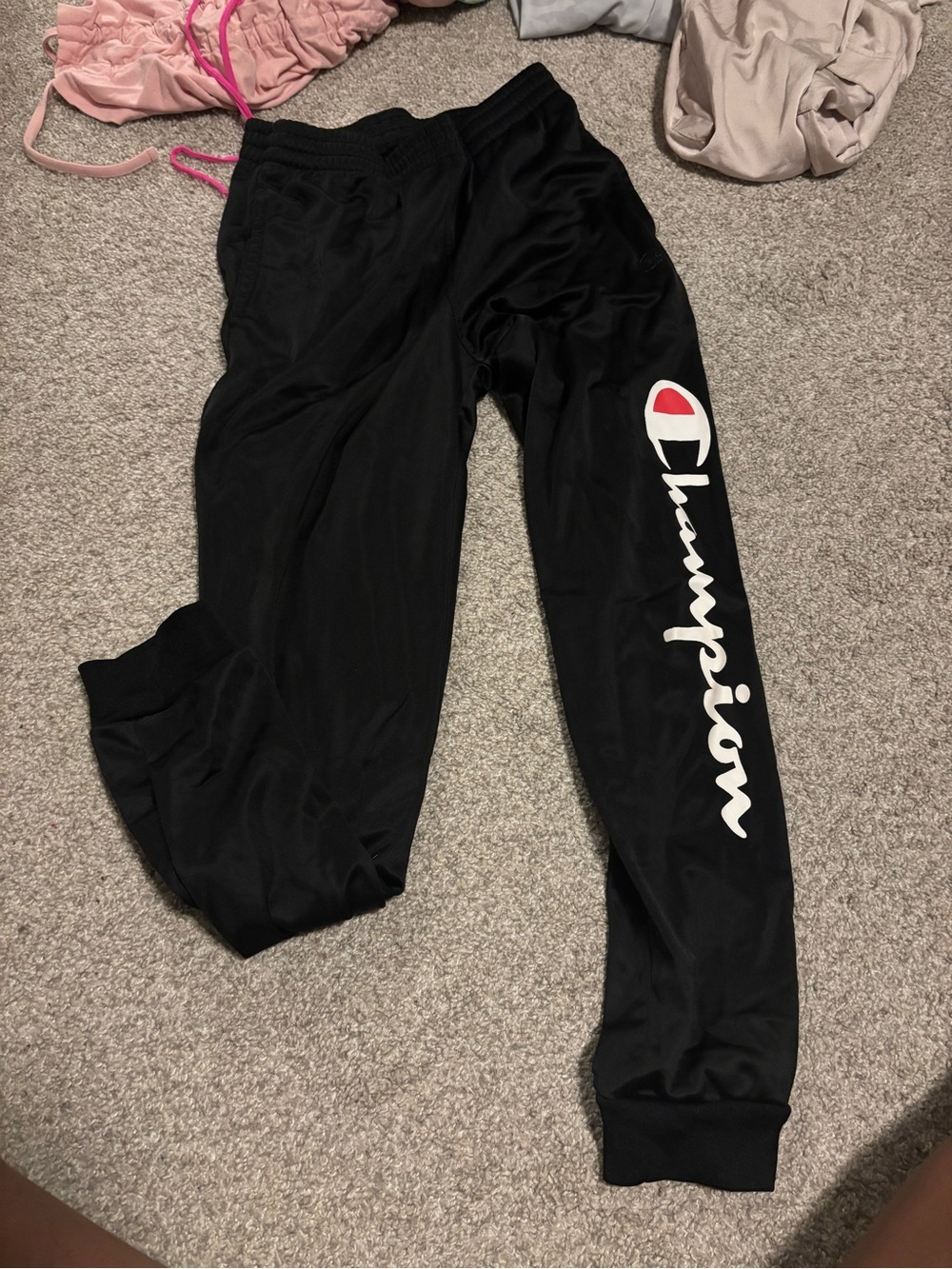 Champion Black Joggers with White Script and Red Logo